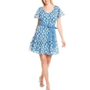 Rebecca Taylor Perla Petal Flutter Sleeve Flounce Hem Sz Large Dress Blue/White